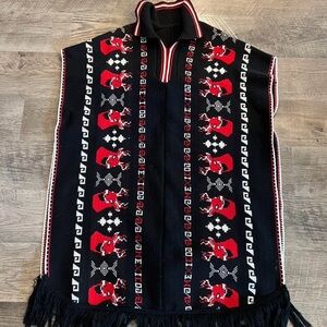 Men's Black & Red Knit Zip-Collar Poncho Vest with Fringe